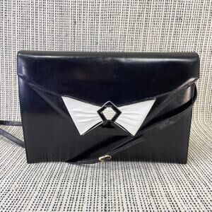 Vintage 80s Bally Leather Clutch Crossbody Bag Black White Bow Tie Tuxedo Glam